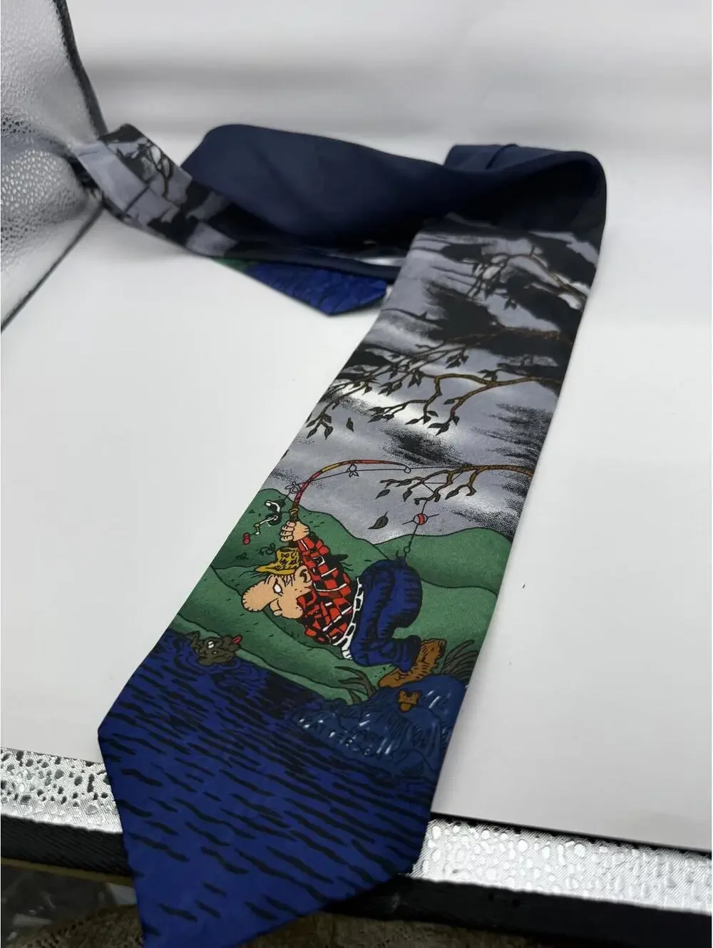 Novelty Fishing Cartoon Print Neck Tie